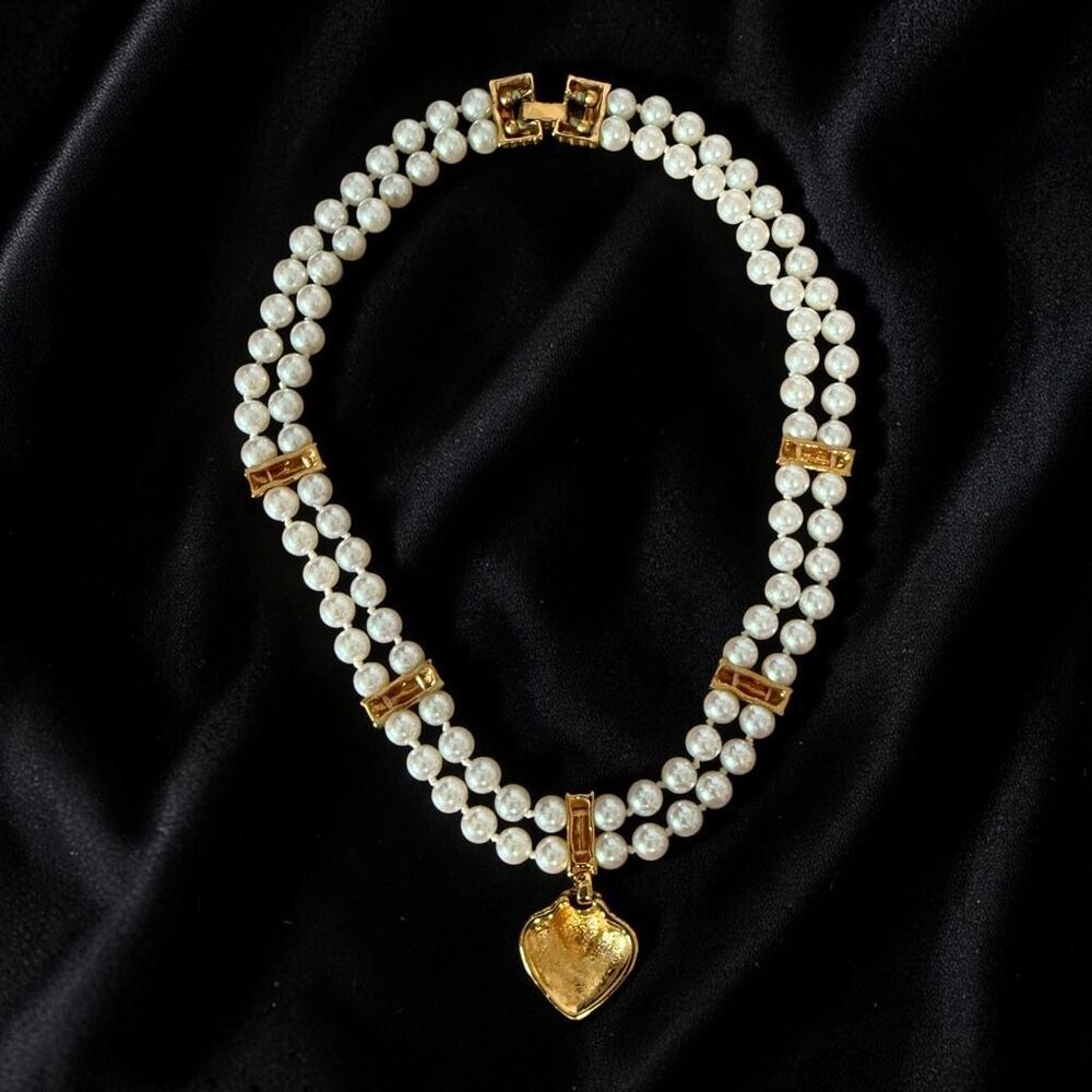 Faux Ivory Pearl and Pave’ Rhinestone Double Strand Necklace - Picture 4 of 5